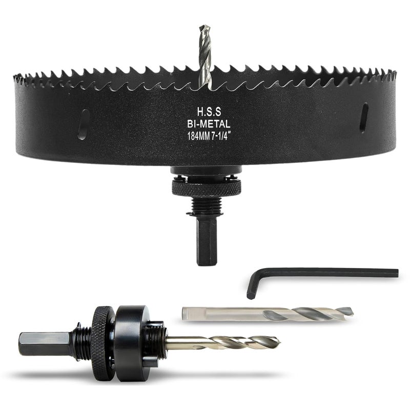 VIKITON 7-1/4 Inch Hole Saw with Arbor for Wood Metal Plastic, 7.25 in Bimetal Hole Cutter, Fast Chip Removal, Smooth Flat Drilling Edge, Lightweight & Portable (Black) - Image 1